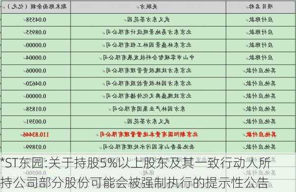 *ST东园:关于持股5%以上股东及其一致行动人所持公司部分股份可能会被强制执行的提示性公告