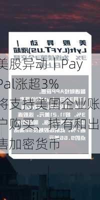 美股异动｜PayPal涨超3% 将支持美国企业账户购买、持有和出售加密货币