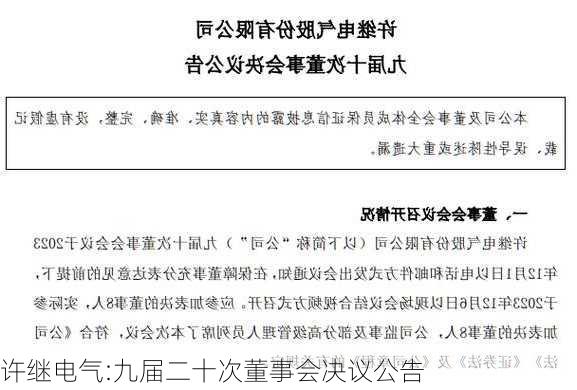 许继电气:九届二十次董事会决议公告