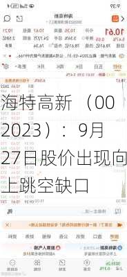 海特高新 （002023）：9月27日股价出现向上跳空缺口