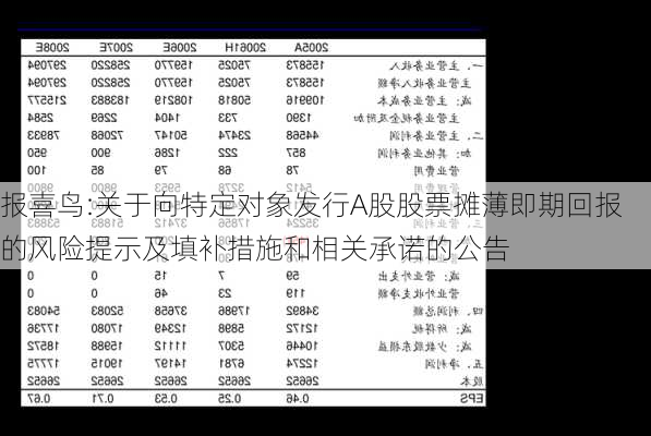 报喜鸟:关于向特定对象发行A股股票摊薄即期回报的风险提示及填补措施和相关承诺的公告