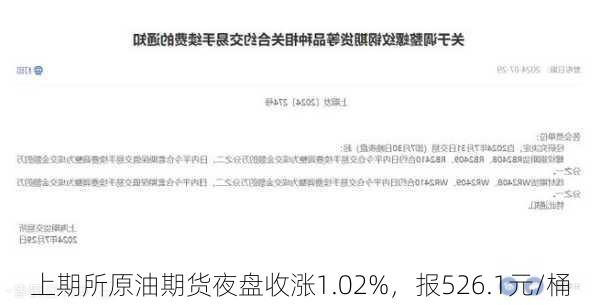 上期所原油期货夜盘收涨1.02%，报526.1元/桶