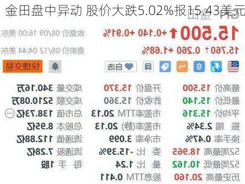 金田盘中异动 股价大跌5.02%报15.43美元