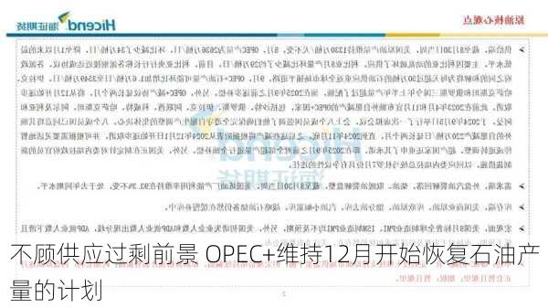 不顾供应过剩前景 OPEC+维持12月开始恢复石油产量的计划