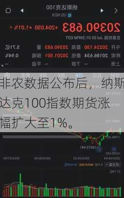 非农数据公布后，纳斯达克100指数期货涨幅扩大至1%。