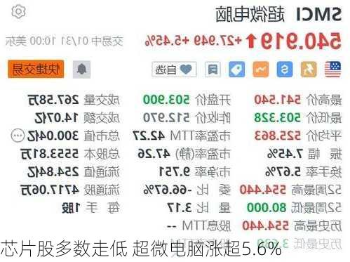 芯片股多数走低 超微电脑涨超5.6%