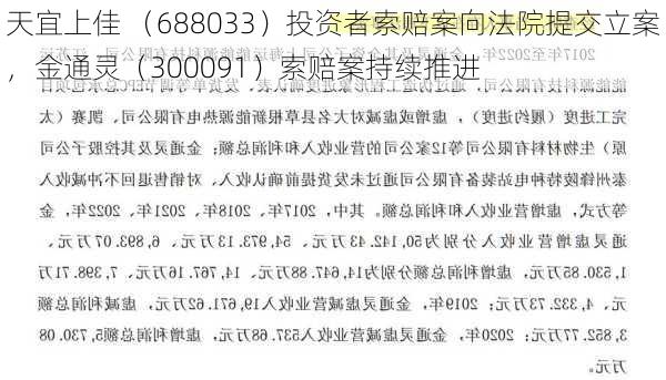 天宜上佳 （688033）投资者索赔案向法院提交立案，金通灵（300091）索赔案持续推进