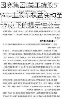 因赛集团:关于持股5%以上股东权益变动至5%以下的提示性公告