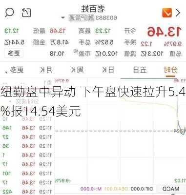 纽勤盘中异动 下午盘快速拉升5.44%报14.54美元