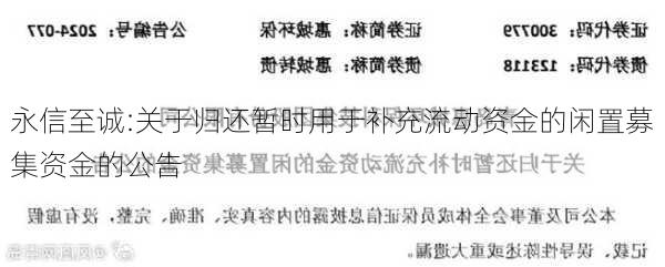 永信至诚:关于归还暂时用于补充流动资金的闲置募集资金的公告