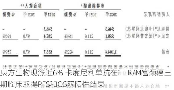 康方生物现涨近6% 卡度尼利单抗在1L R/M宫颈癌三期临床取得PFS和OS双阳性结果