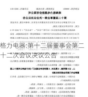 格力电器:第十二届董事会第二十二次会议决议公告