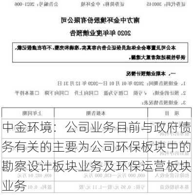 中金环境：公司业务目前与政府债务有关的主要为公司环保板块中的勘察设计板块业务及环保运营板块业务