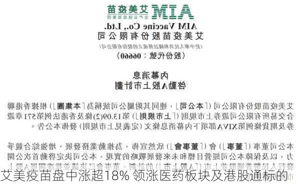 艾美疫苗盘中涨超18% 领涨医药板块及港股通标的