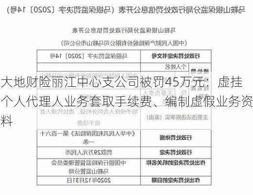 大地财险丽江中心支公司被罚45万元：虚挂个人代理人业务套取手续费、编制虚假业务资料