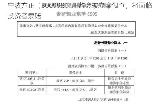 宁波方正（300998）证监会被立案调查，将面临投资者索赔