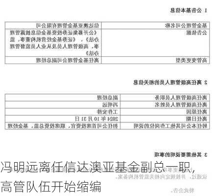 冯明远离任信达澳亚基金副总一职，高管队伍开始缩编