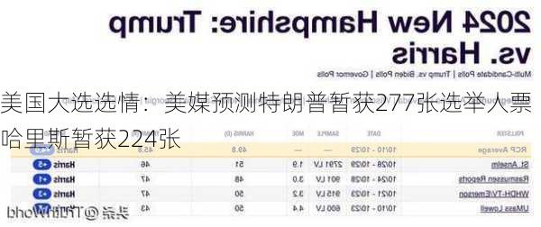 美国大选选情：美媒预测特朗普暂获277张选举人票 哈里斯暂获224张