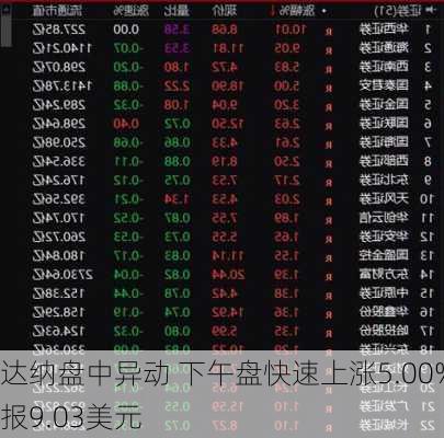 达纳盘中异动 下午盘快速上涨5.00%报9.03美元