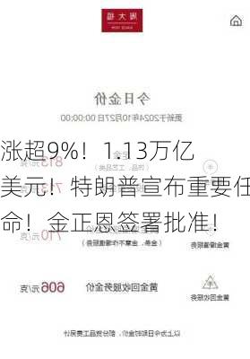 涨超9%！1.13万亿美元！特朗普宣布重要任命！金正恩签署批准！