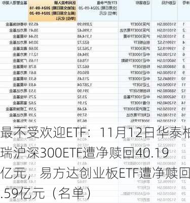 最不受欢迎ETF：11月12日华泰柏瑞沪深300ETF遭净赎回40.19亿元，易方达创业板ETF遭净赎回25.59亿元（名单）