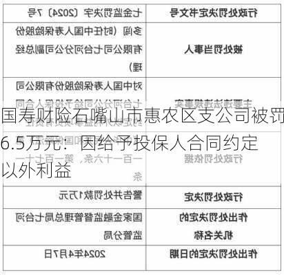 国寿财险石嘴山市惠农区支公司被罚6.5万元：因给予投保人合同约定以外利益