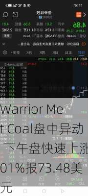 Warrior Met Coal盘中异动 下午盘快速上涨5.01%报73.48美元