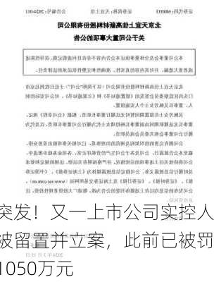 突发！又一上市公司实控人被留置并立案，此前已被罚1050万元