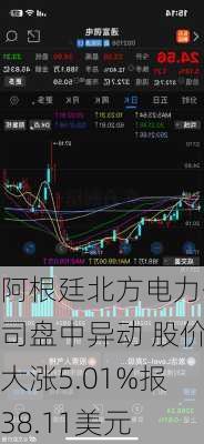 阿根廷北方电力公司盘中异动 股价大涨5.01%报38.11美元