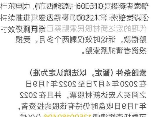 桂东电力（广西能源，600310）投资者索赔持续推进，宏达新材（002211）索赔案诉讼时效仅剩月余