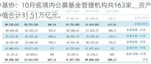 中基协：10月底境内公募基金管理机构共163家，资产净值合计31.51万亿元。