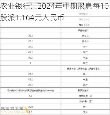 农业银行：2024年中期股息每10股派1.164元人民币