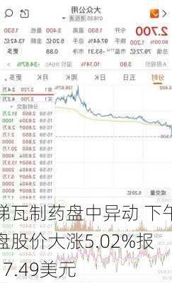 梯瓦制药盘中异动 下午盘股价大涨5.02%报17.49美元