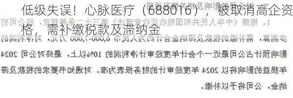 低级失误！心脉医疗（688016），被取消高企资格，需补缴税款及滞纳金