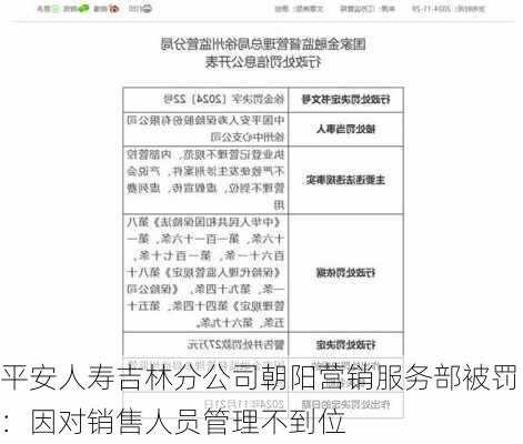 平安人寿吉林分公司朝阳营销服务部被罚：因对销售人员管理不到位