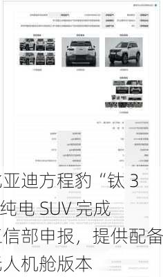 比亚迪方程豹“钛 3”纯电 SUV 完成工信部申报，提供配备无人机舱版本