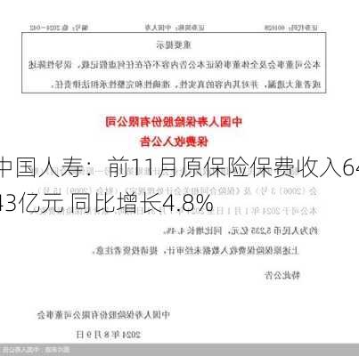 中国人寿：前11月原保险保费收入6443亿元 同比增长4.8%