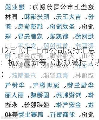 12月10日上市公司减持汇总：杭州高新等10股拟减持（表）