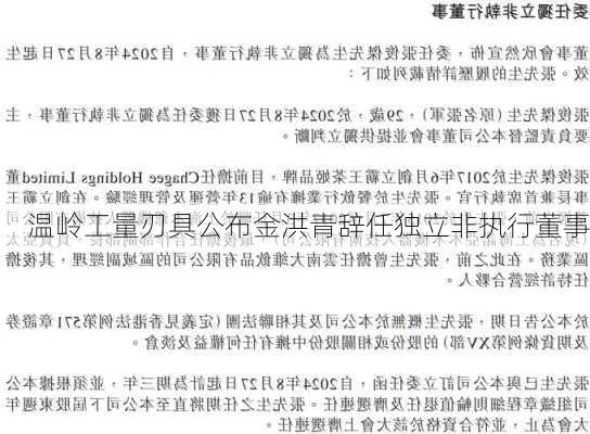 温岭工量刃具公布金洪青辞任独立非执行董事