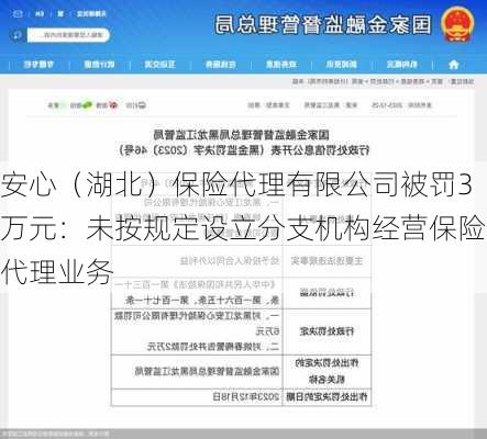 安心（湖北）保险代理有限公司被罚3万元：未按规定设立分支机构经营保险代理业务